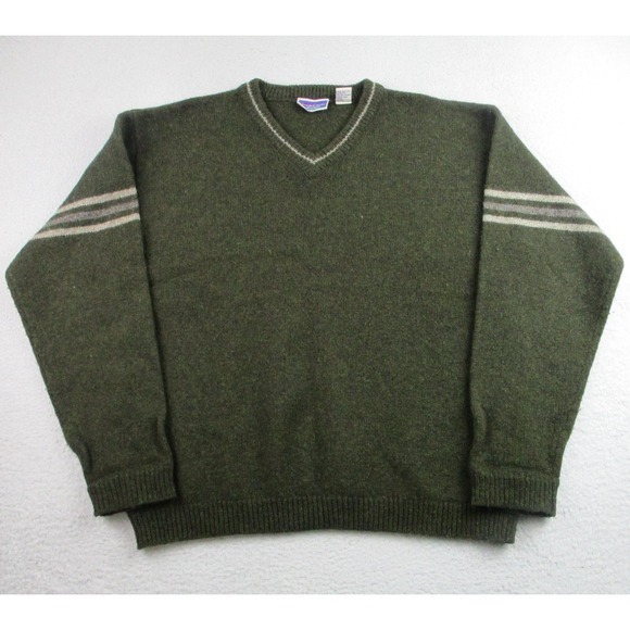 North Crest Sweater Mens Large‎ Green 100% Wool V Neck Pullover Striped Knit